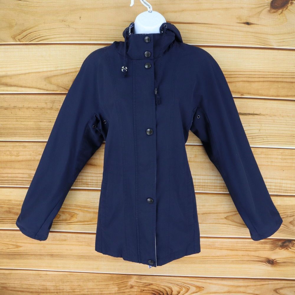 1 Madison Long Coat‎ Full Zip & Buttons Hooded Womens M Navy Blue Shoulder Pads